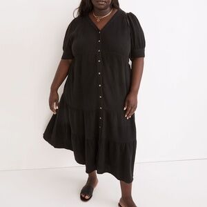 NWT Madewell Plus Lightspun Button-Front Tiered Midi Dress Black Size 18 W